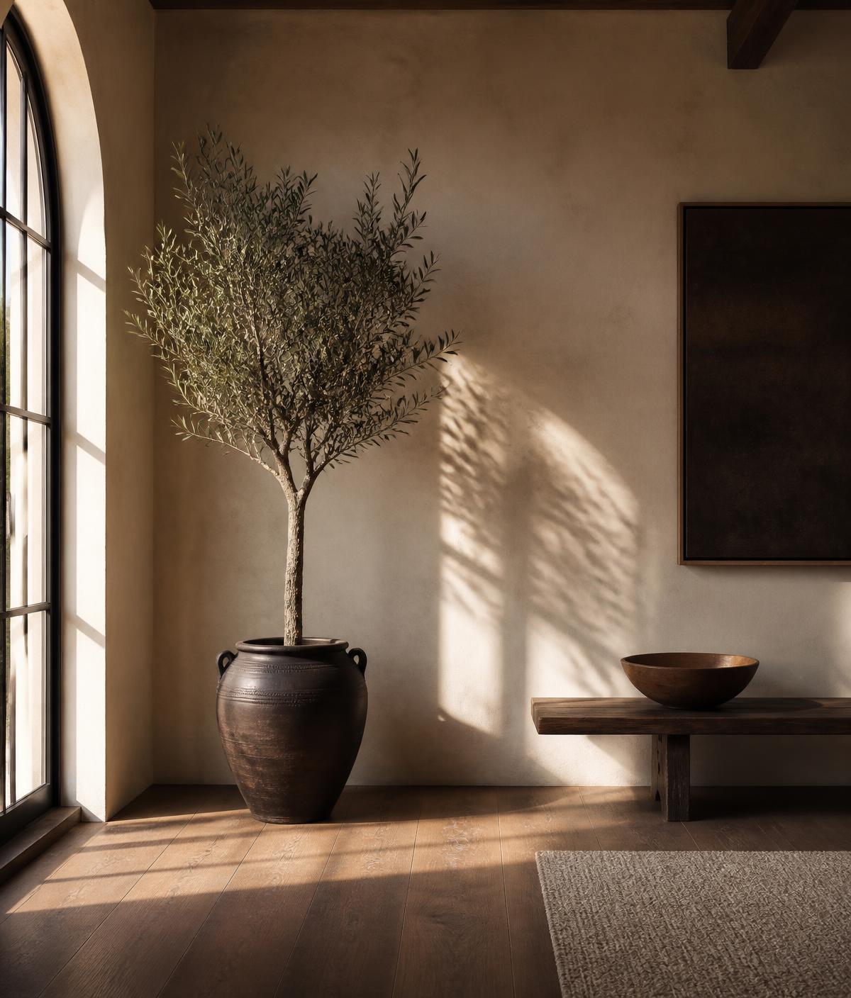 Sunlight across a warm plaster wall with an olive tree